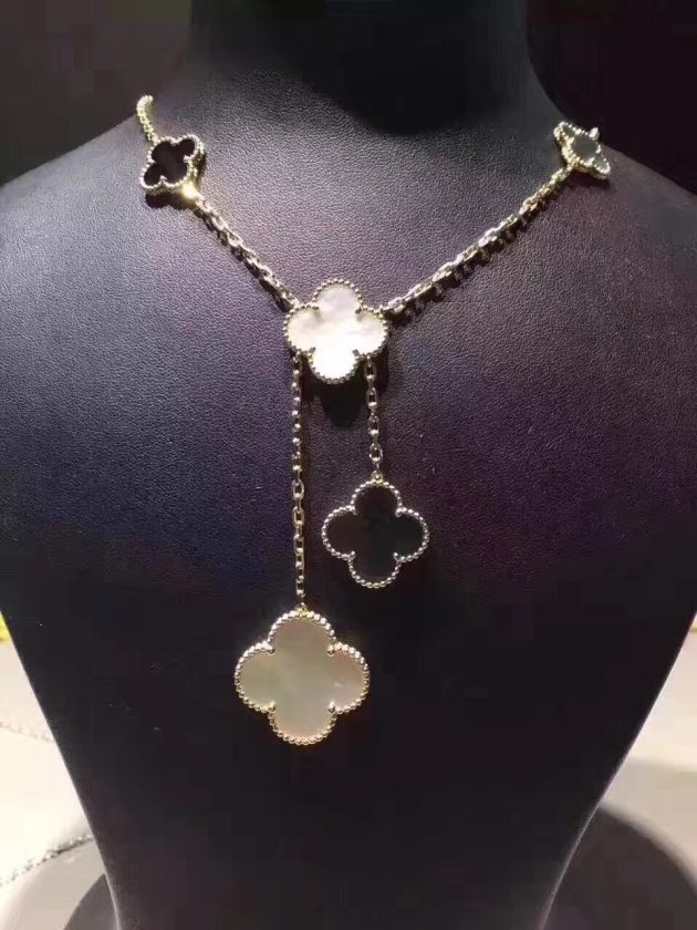18k gold van cleef arpels magic alhambra necklace 6 motifs white and gray mother of pearl