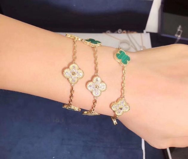 18k gold van cleef arpels vintage alhambra bracelet diamond and malachite 5 motifs 62086c9567a9e