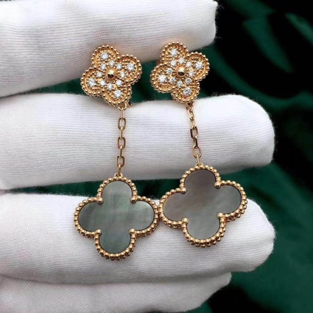 18k pink gold van cleef magic alhambra earrings 2 motifs with gray mother of pearl and diamond vcarp2r200 6208737bb3feb