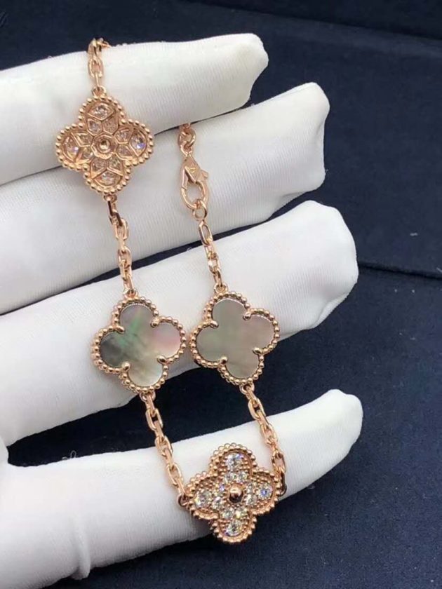 18k pink gold vca vintage alhambra bracelet 5 motifs gray mother of pearl diamond 62086b7eb15fd