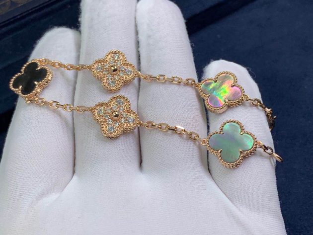 18k pink gold vca vintage alhambra bracelet 5 motifs gray mother of pearl diamond 62086b81d2b53