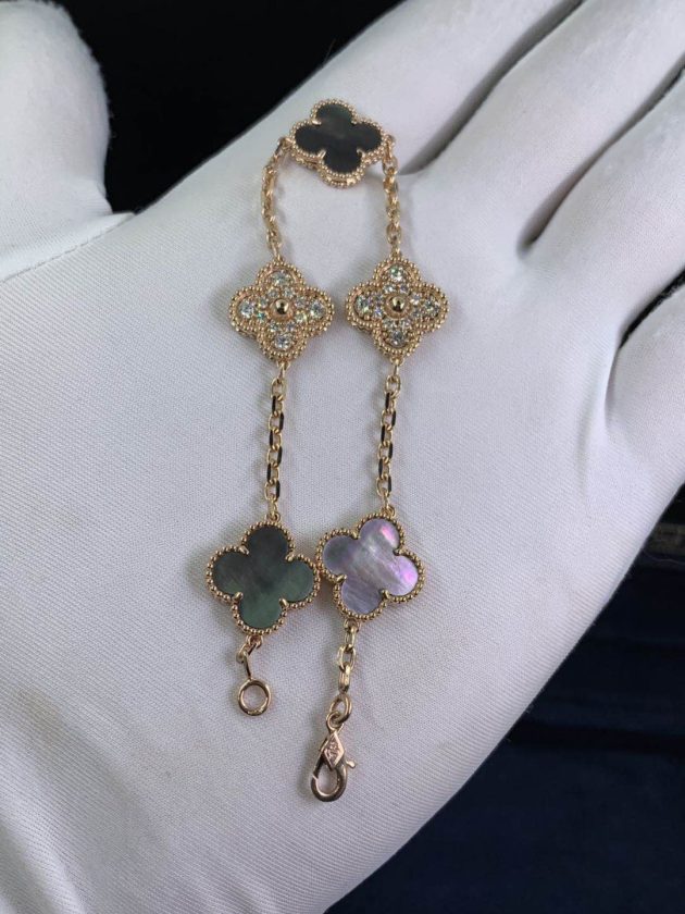 18k pink gold vca vintage alhambra bracelet 5 motifs gray mother of pearl diamond 62086b8544076