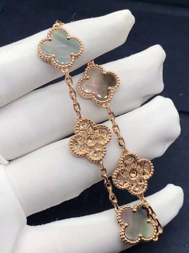 18k pink gold vca vintage alhambra bracelet 5 motifs gray mother of pearl diamond 62086b8d2911b