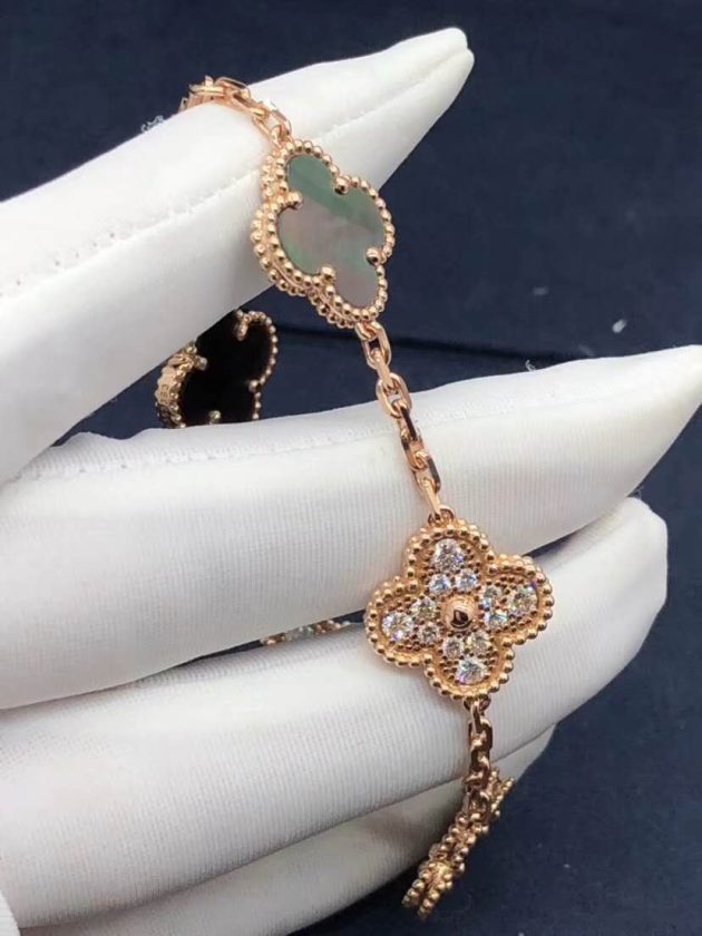 18k pink gold vca vintage alhambra bracelet 5 motifs gray mother of pearl diamond 62086b940d6d7