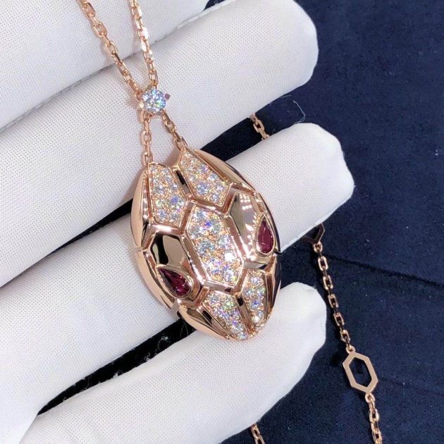 18k rose gold serpenti necklace with rubellite eyes and semi pave diamonds 620a0fa26130a