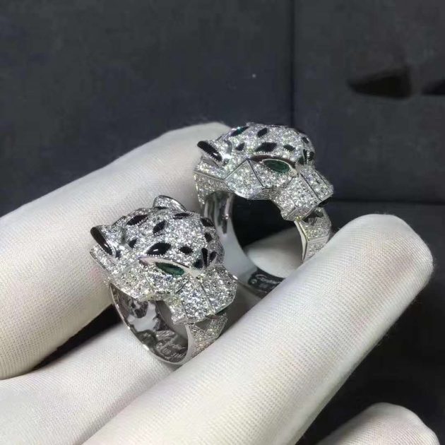 18k white gold full diamond pave onyx emerald panthere de cartier ring n4211000 6209d925054bb