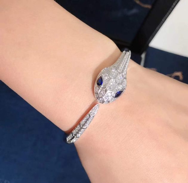 bulgari serpenti bangle bracelet in 18kt white gold set with blue sapphire eyes and pave diamonds br858110 620a267f85047