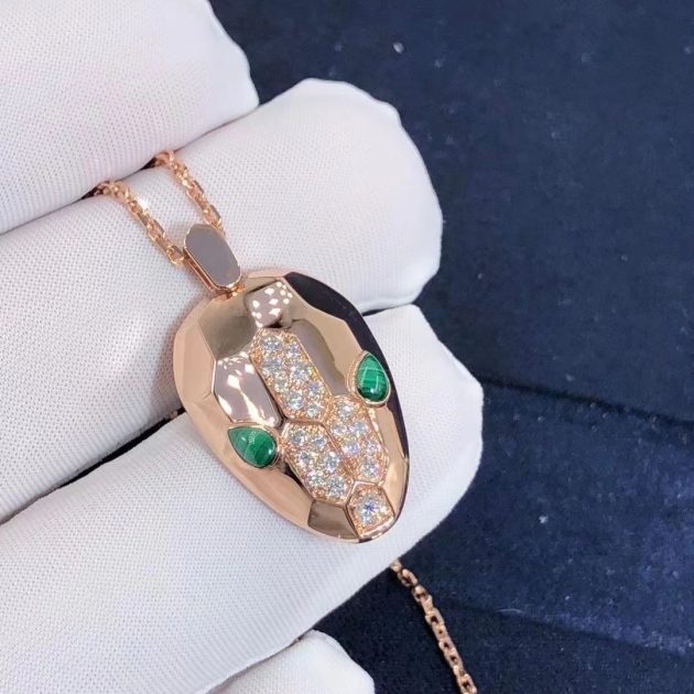 bulgari serpenti necklace with 18 kt rose gold chain and pendant set with malachite eyes and demi pave diamonds 620a0a6407740