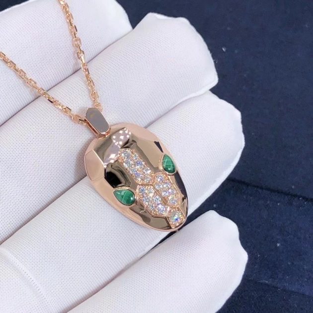 bulgari serpenti necklace with 18 kt rose gold chain and pendant set with malachite eyes and demi pave diamonds 620a0a6cb13fd