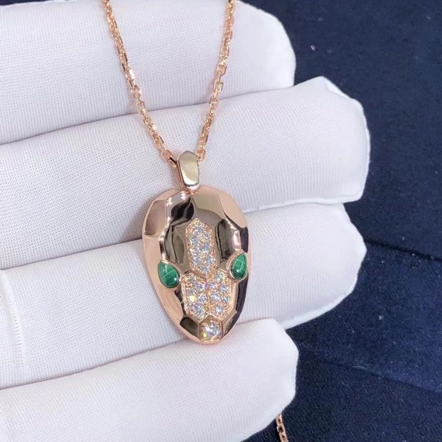 bulgari serpenti necklace with 18 kt rose gold chain and pendant set with malachite eyes and demi pave diamonds 620a0a737dc71