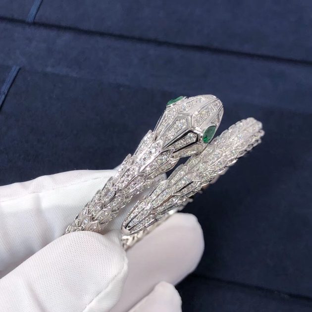 bvlgari serpenti 18kt white gold bracelet set with pave diamonds and two emerald eyes 620a29374384c