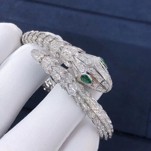 bvlgari serpenti 18kt white gold bracelet set with pave diamonds and two emerald eyes 620a293ac0259