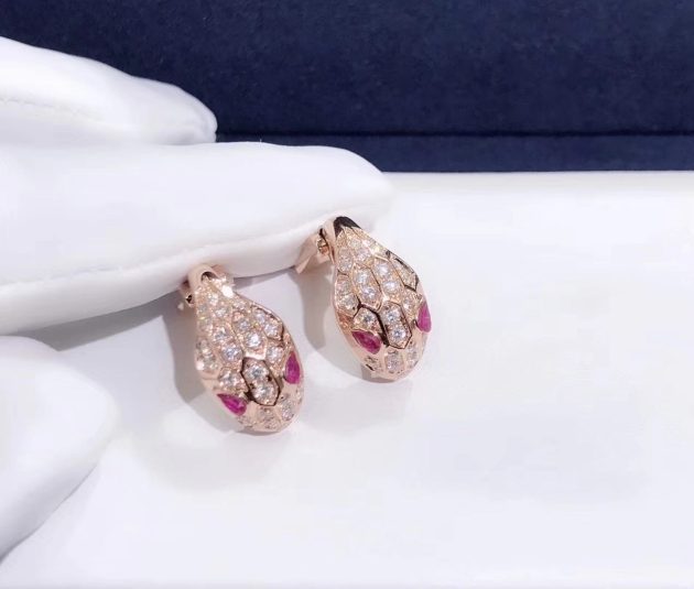 bvlgari serpenti earrings in 18k rose gold set with rubellite eyes and full pave diamonds 620a2b02ca983