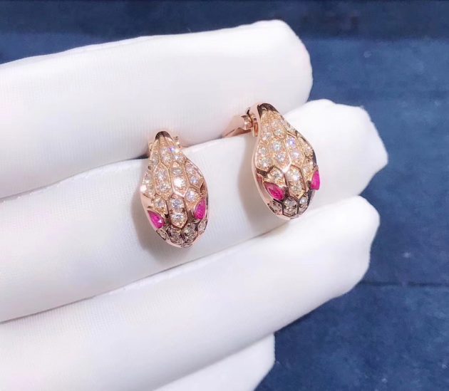 bvlgari serpenti earrings in 18k rose gold set with rubellite eyes and full pave diamonds 620a2b0b2d73c