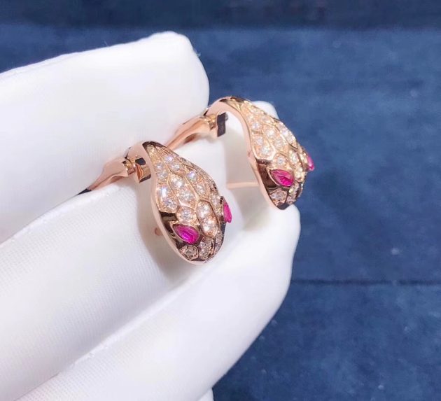 bvlgari serpenti earrings in 18k rose gold set with rubellite eyes and full pave diamonds 620a2b0f9e5e5