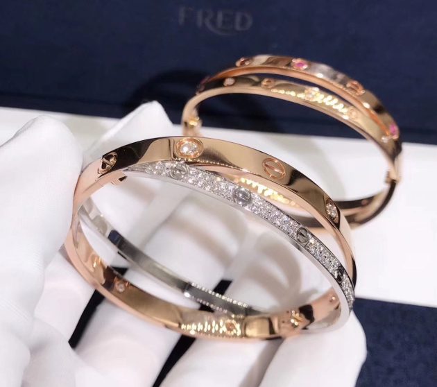 cartier cross love bracelet in 18k pink gold and white gold pave diamonds n6039217 6209c9f92be79