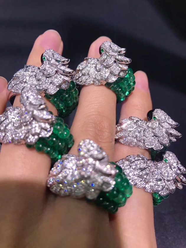 cartier les oiseaux liberes parrot ring 18k white gold with gray mother of pearl emeralds beads 6209dcbc47166