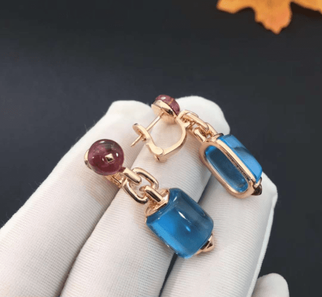 custom bvlgari mvsa earrings in 18k pink gold with blue topaz and rubellite beads 620a0b6c431e1