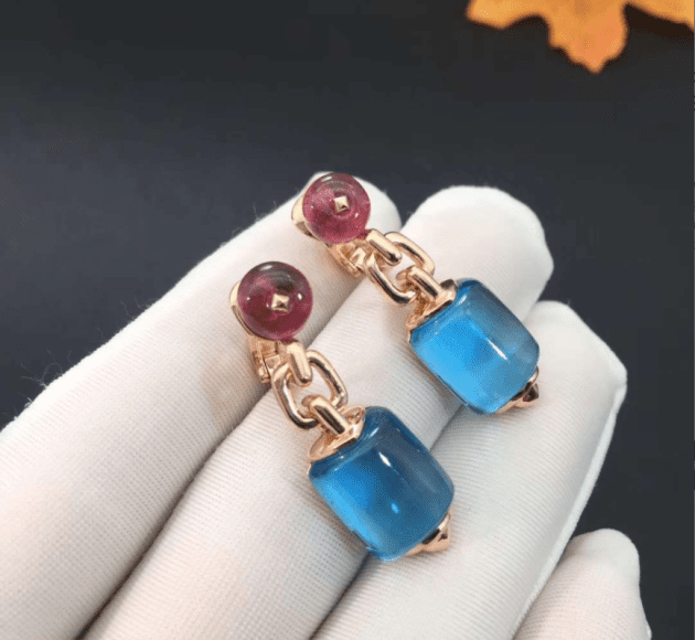 custom bvlgari mvsa earrings in 18k pink gold with blue topaz and rubellite beads 620a0b733b08d