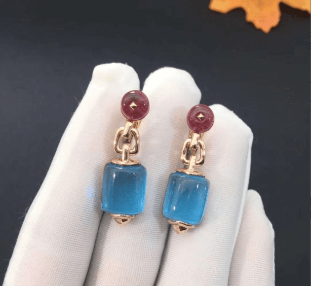 custom bvlgari mvsa earrings in 18k pink gold with blue topaz and rubellite beads 620a0b7a42540