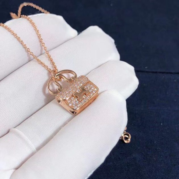 hermes constance amulette bag pendant necklace in 18kt rose gold pave diamonds 620a3f38cfe2c