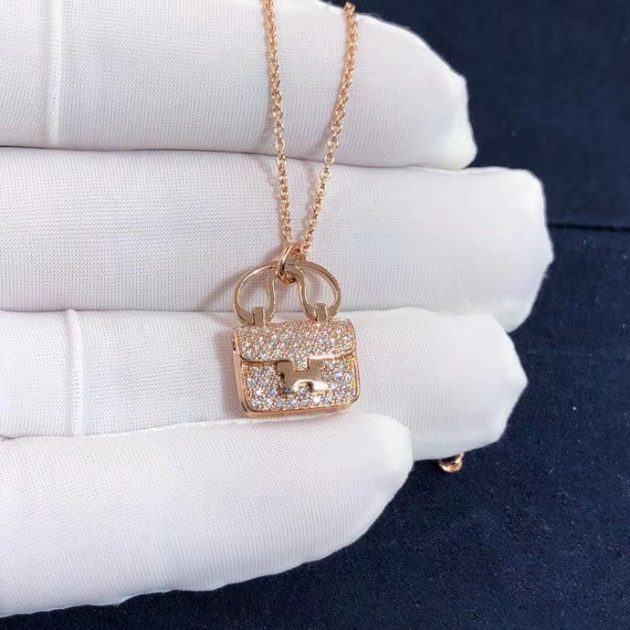hermes constance amulette bag pendant necklace in 18kt rose gold pave diamonds 620a3f3d924a1