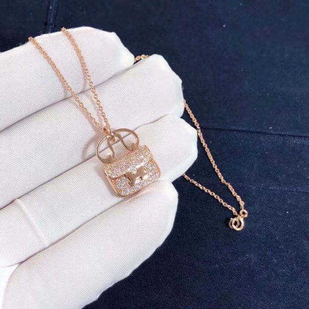 hermes constance amulette bag pendant necklace in 18kt rose gold pave diamonds 620a3f4e7a87b