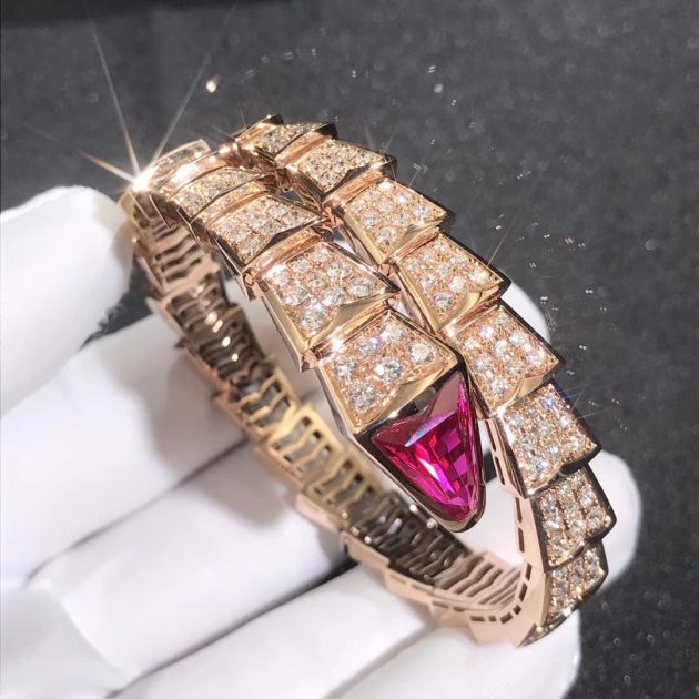 inspired bulgari serpenti one coil bracelet 18k rose gold pave full diamond and rubellite 620a25169b974