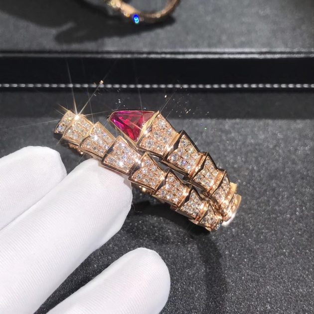 inspired bulgari serpenti one coil bracelet 18k rose gold pave full diamond and rubellite 620a251f55f1e