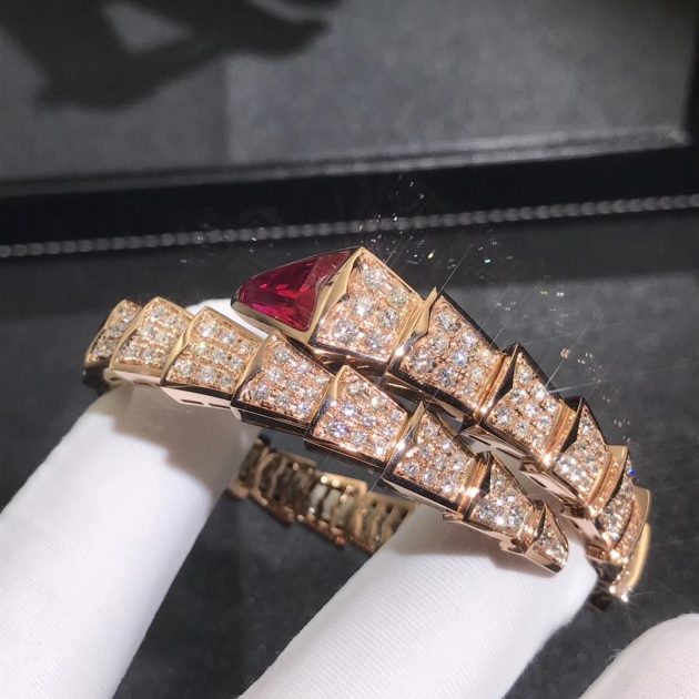 inspired bulgari serpenti one coil bracelet 18k rose gold pave full diamond and rubellite 620a252a852ea