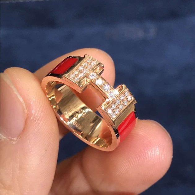 inspired hermes clic h red enamel ring 18k rose gold set with diamond 620a3f9ccbbaa