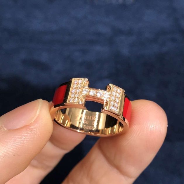 inspired hermes clic h red enamel ring 18k rose gold set with diamond 620a3fa6abc36