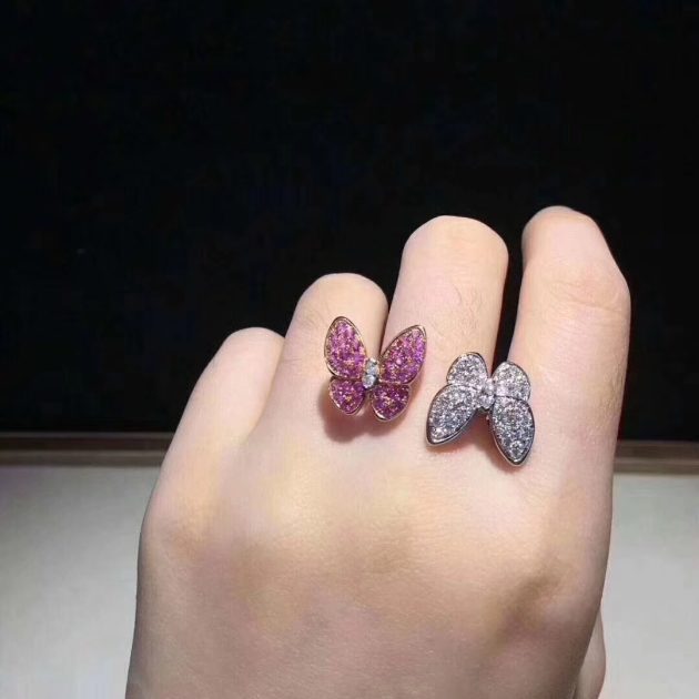 inspired van cleef arpels two butterfly between the finger ring 18k white gold diamond and sapphire vcaro3m500 6208800483c09