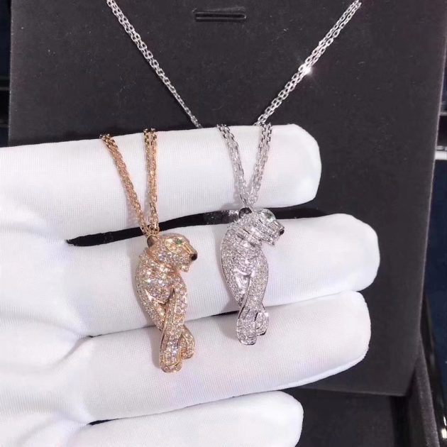 panthere de cartier necklace 18k pink gold diamonds emeralds