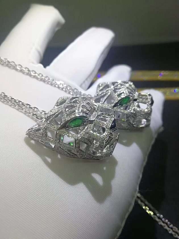 panthere de cartier necklace 18k white gold pave diamonds with emeralds