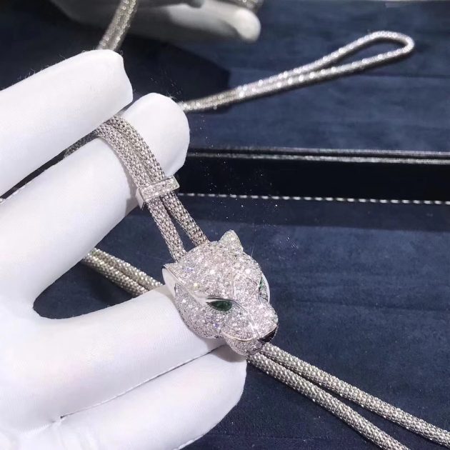 panthere de cartier necklace white gold diamonds emeralds