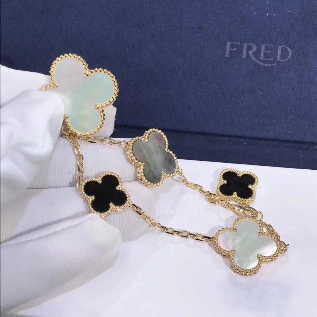 real van cleef arpels magic alhambra bracelet 5 motifs yellow gold mother of pearl