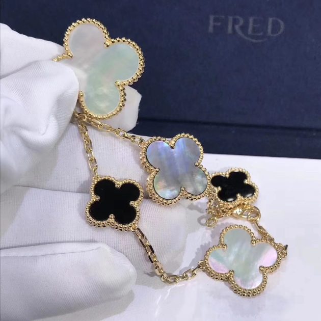 real van cleef arpels magic alhambra bracelet 5 motifs yellow gold mother of pearl