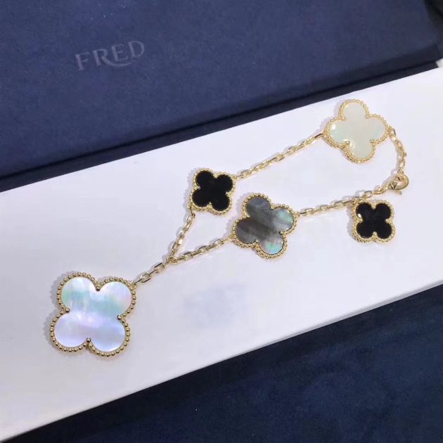 real van cleef arpels magic alhambra bracelet 5 motifs yellow gold mother of pearl