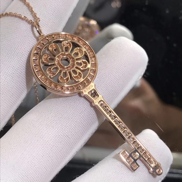 tiffany co petal key pendant necklace 18k rose gold with pave diamonds large size 6209fed89f645