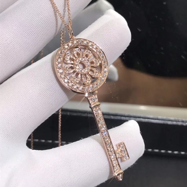 tiffany co petal key pendant necklace 18k rose gold with pave diamonds large size 6209fedd2b5f1