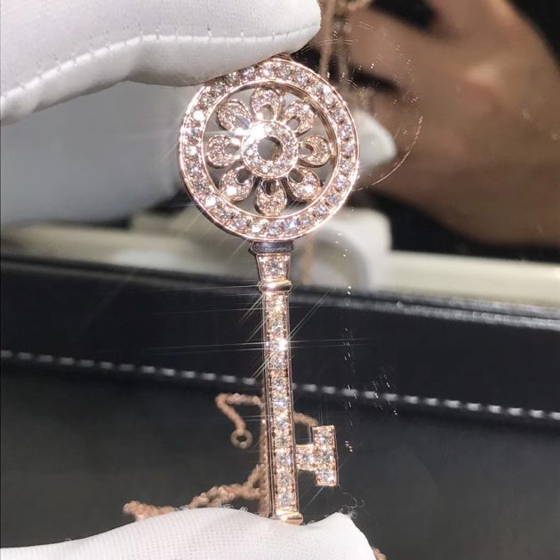 tiffany co petal key pendant necklace 18k rose gold with pave diamonds large size 6209ff132623d