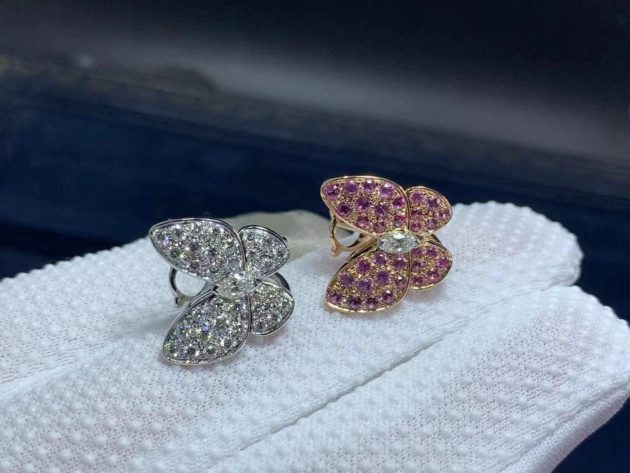 van cleef arpels 18k white gold rose gold diamond pink sapphire two butterfly earrings vcaro3m600 6207a3827054f