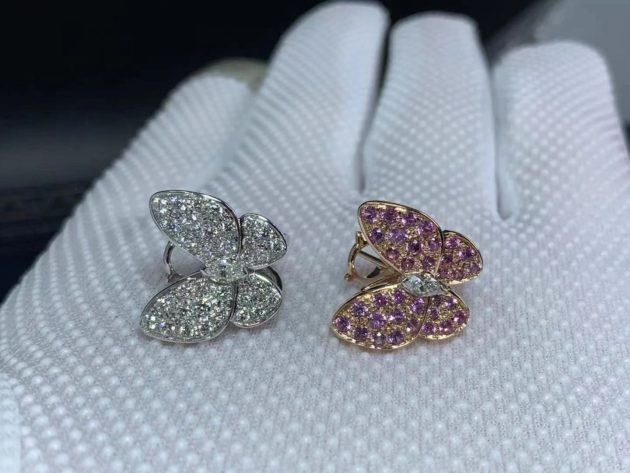 van cleef arpels 18k white gold rose gold diamond pink sapphire two butterfly earrings vcaro3m600 6207a3873fa6b