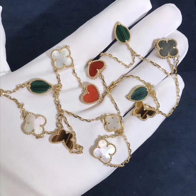 van cleef arpels lucky alhambra long necklace 12 motifs yellow gold mother of pearl malachite tiger eye carnelian 62085af946e3a