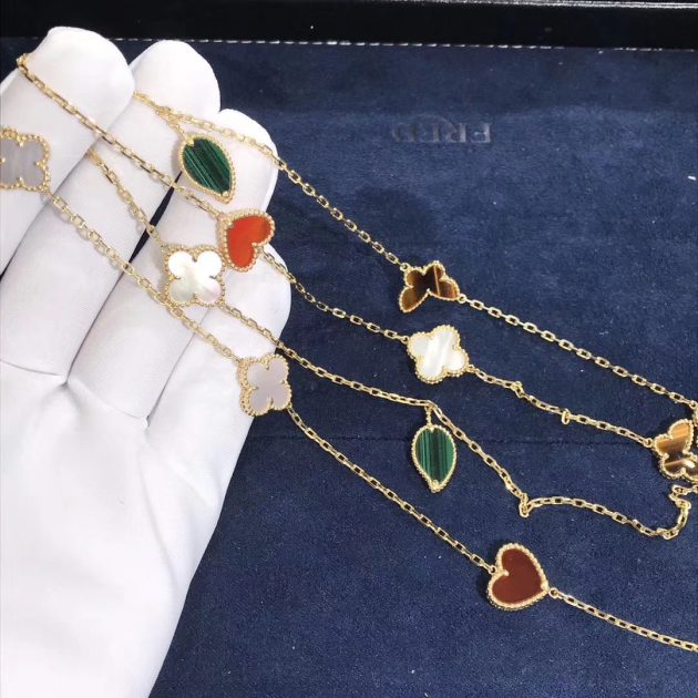 van cleef arpels lucky alhambra long necklace 12 motifs yellow gold mother of pearl malachite tiger eye carnelian 62085afc82335