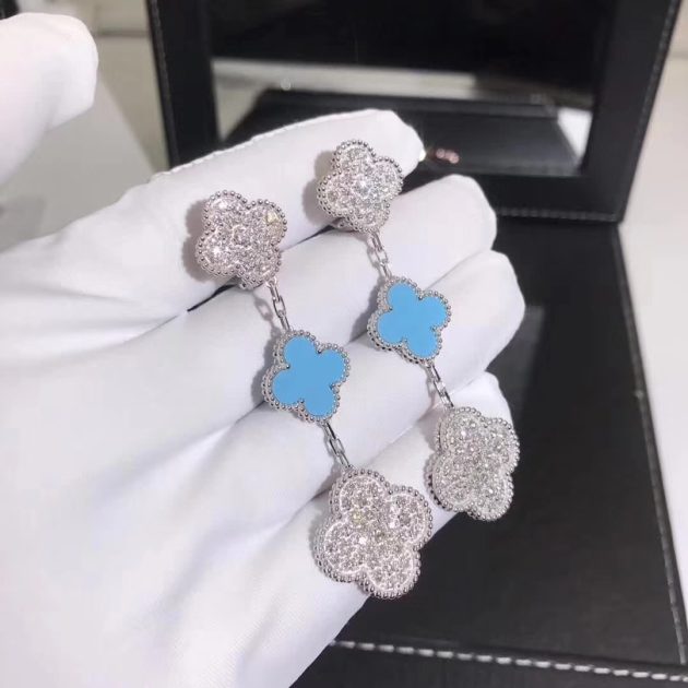 van cleef arpels magic alhambra turquoise diamonds 3 motifs ear clips 18k white gold 6208730e3a015