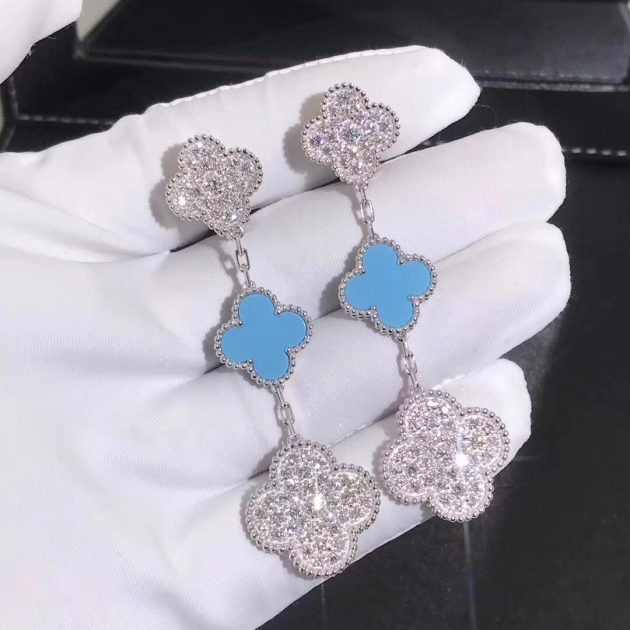 van cleef arpels magic alhambra turquoise diamonds 3 motifs ear clips 18k white gold 6208731372fd2