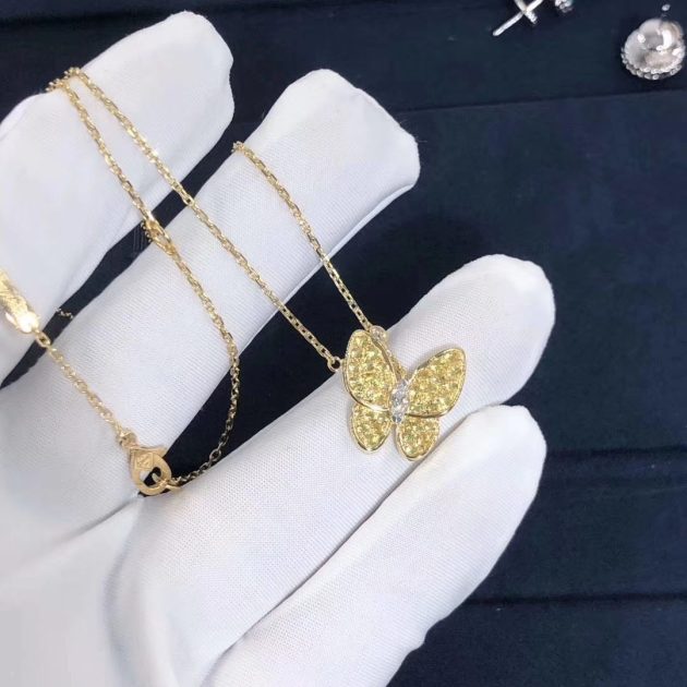 vca two butterfly pendant necklace 18k yellow gold pave sapphire set with diamond 62087ac34a04c
