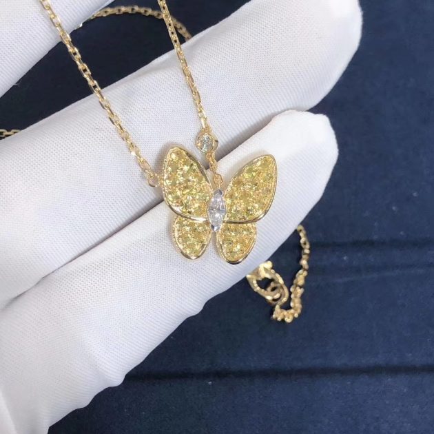 vca two butterfly pendant necklace 18k yellow gold pave sapphire set with diamond 62087acf9f8a6